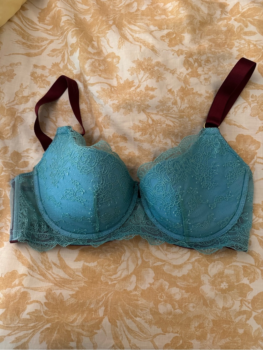 Bluebella Teal Lace Underwire Bra with Burgundy Straps